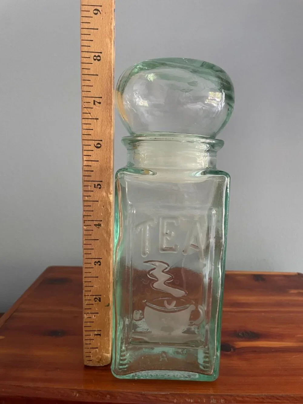 Vintage Green Glass Tea Canister Embossed Ball Lid 8